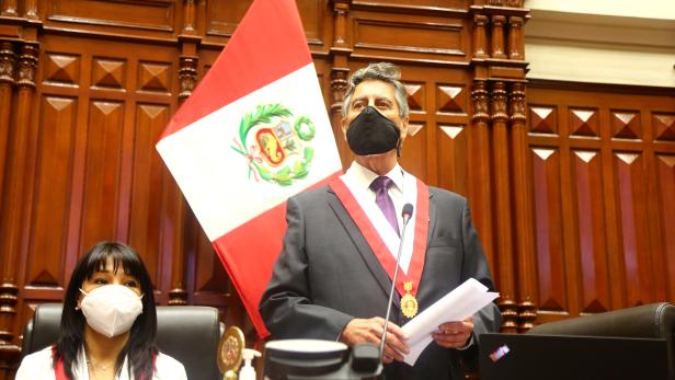 Francisco Sagasti from the Centrist Morado Party addresses Congress members after he was elected Peru's interim president, in Lima