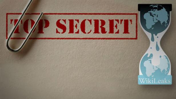 Ein „Top Secret“-Stempel, eine Büroklammer und eine Sanduhr mit Weltkugel-Motiv und dem WikiLeaks-Logo.