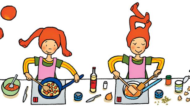 Eine Illustration zeigt einen Koch, der in vier Schritten ein Gericht zubereitet.