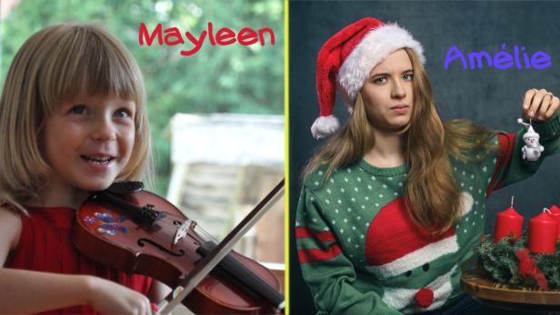Mädchen mti Geige und Jugendliche mit Adventkranz und Schneemann-Figur