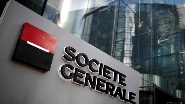 FILE PHOTO: The logo of Societe Generale is seen on the headquarters at the financial and business district of La Defense near Paris