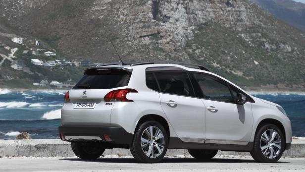 Ein weißer Peugeot 2008 vor einer Küstenlandschaft.