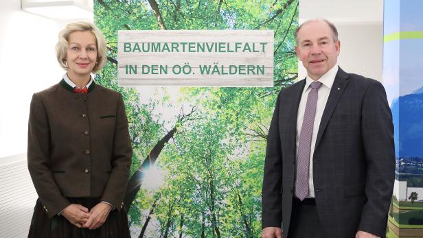 Landesforstdirektorin Elfriede Moser und Agrarlandesrat Max Hiegelsberger freuen sich über 15 Millionen gesetzte Bäume in den vergangenen fünf Jahren.