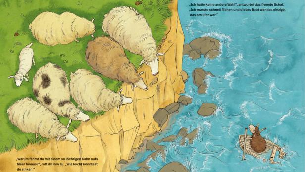 Eine Bilderbuch-Doppelseite: Auf einem Felsen stehen Schafe und schauen aufs Meer, wo ein Schaff in einem löchrigen Boot rudert