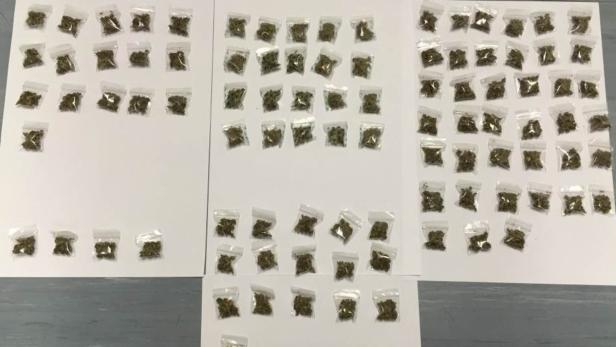 Viele kleine Plastiktüten mit Cannabis liegen auf drei weißen Blättern Papier.