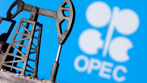 FILE PHOTO: A 3D printed oil pump jack in front of the OPEC logo in this illustration picture
