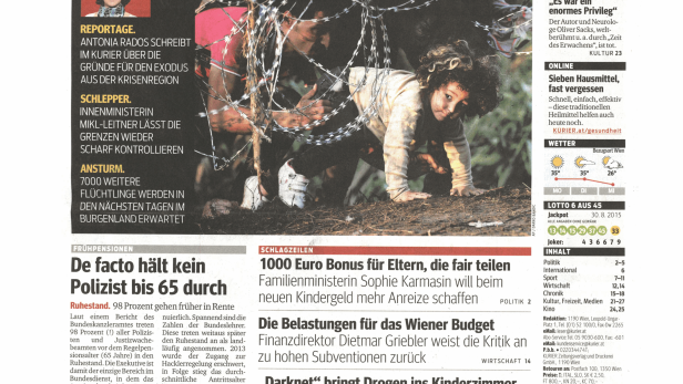 Aufmacherbild einer Zeitung zum Thema Flucht und Migration mit Menschen hinter Stacheldraht.