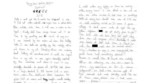 Ein handschriftlicher Brief mit einer Bewertung des Perry Barr Polizeireviers.