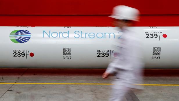 FILE PHOTO: The logo of the Nord Stream 2 gas pipeline project is seen on a pipe at Chelyabinsk pipe rolling plant in Chelyabinsk