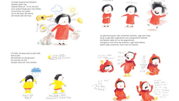 Doppelseite aus dem Bilderbuch "Ich hab da so ein Gefühl" mit gezeichneten Kindern, die unterschiedliche Gefühle haben