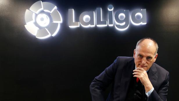 La Liga President Javier Tebas poses before an online interview with Reuters at the La Liga headquarters in Madrid