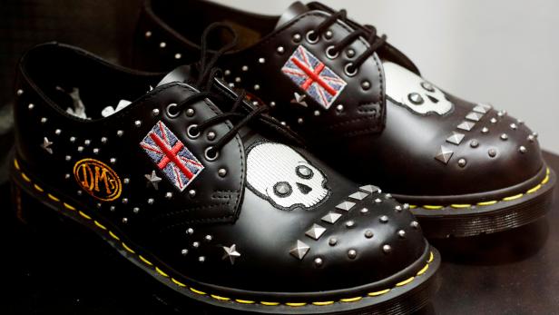 FILE PHOTO: FILE PHOTO: A pair of Dr. Martens shoes adorned with the Union Jack is displayed at a shop in Singapore