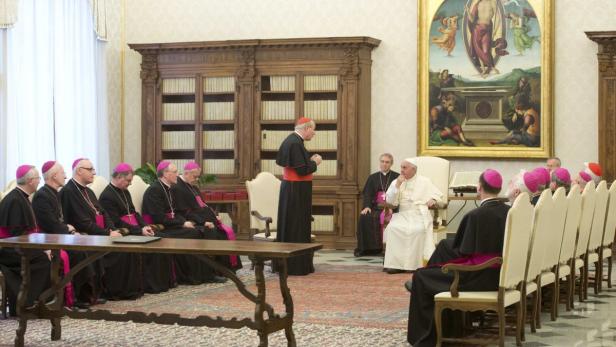 Papst Franziskus empfängt eine Gruppe von Bischöfen in einem formellen Rahmen.