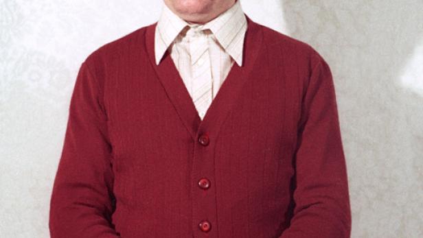 Ein Mann mit Sonnenbrille, braunem Haar und roter Strickjacke steht vor einer gemusterten Wand.