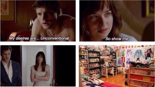 Ein Vierfach-Meme-Bild, das Szenen aus „Fifty Shades of Grey“ mit einem Anime-Fan-Schlafzimmer kontrastiert.