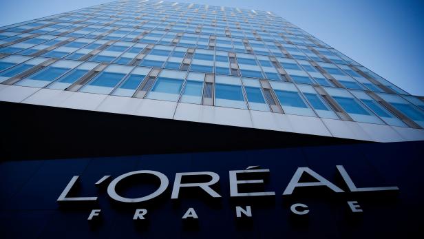 FILE PHOTO: The logo of French cosmetics group L'Oreal in the western Paris suburb of Levallois-Perret