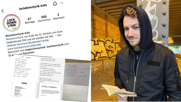 Screenshots der Instagram-Site des Bewerbs und lesender Mann auf der Straße