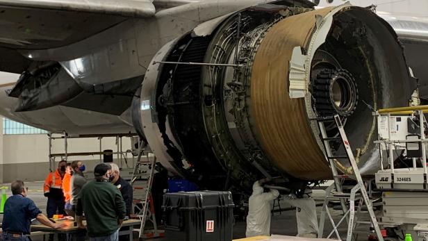 The damaged starboard engine of United Airlines flight 328 is seen following a February 20 engine failure incident