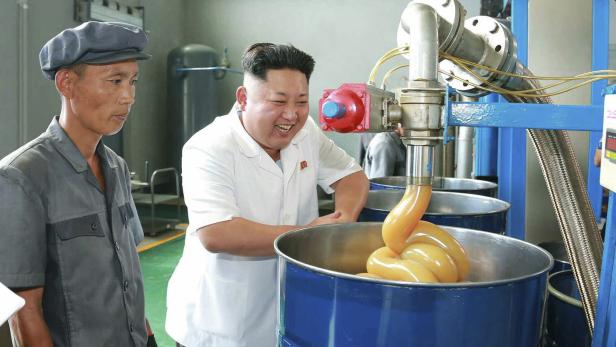 Kim Jong-un betrachtet in einer Fabrik eine Maschine, die orangefarbene Paste in ein Fass pumpt.
