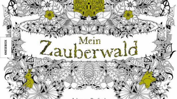 Das Cover des Ausmalbuchs „Mein Zauberwald“ von Johanna Basford mit einem Schloss und floralen Elementen.