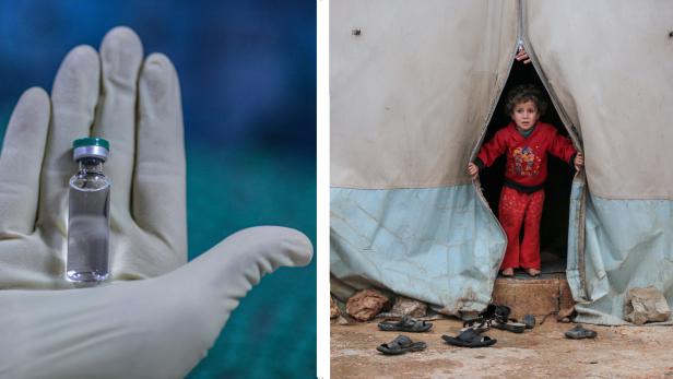 Ein Impfstoff-Flascherl in einer Hand und auf dem zweiten Foto ein Kind, das aus einem Zelt in einem syrischen Flüchtlingslager schaut