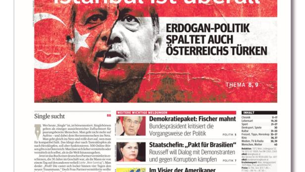 Titelseite des „Kurier am Sonntag“ vom 23. Juni 2013 mit den Schlagzeilen „Istanbul ist überall“ und „Erdogan-Politik spaltet auch Österreichs Türken“.