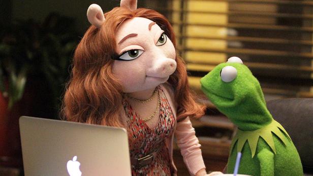 Miss Piggy und Kermit der Frosch sitzen zusammen vor einem Laptop.