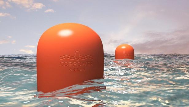 Zwei orangefarbene CorPower Ocean Bojen schwimmen im Meer.