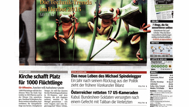Titelseite des Kurier vom 3. September 2015 mit Fröschen als Aufmacher zum Thema Techniktrends.