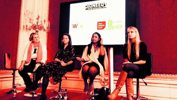 Diskutierten am Pioneers Festival in der Wiener Hofburg über „Women Entrepreneurs, Access to Capital and the hard Truth“: Anne Ravanona, Aurore Belfrage, Anu Bhardwaj und Urska Srsen (v. li.)