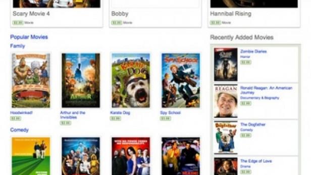 Die YouTube-Store-Seite zeigt eine Auswahl an Filmen zum Ausleihen, darunter „Scary Movie 4“ und „Hannibal Rising“.