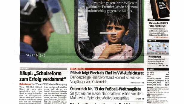 Titelseite des Kurier vom 4. September 2015 mit dem Titel „Ungarn empört Europa“.