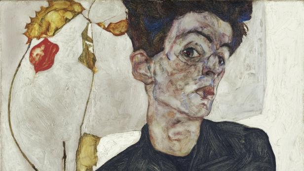 BILD zu OTS - EGON SCHIELE (1890-1918) Selbstbildnis mit Lampionfrüchten, 1912; Self-Portrait with Chinese lantern Plant; Öl und Deckfarben auf Holz; Oil and opaque colour on wood; 32,4 x 40,2 cm; Leopold Museum , Wien / Vienna; Inv.Nr. 454