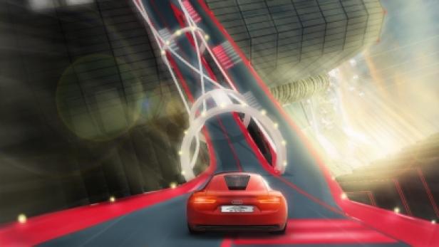 Ein roter Audi fährt auf einer futuristischen Straße mit ungewöhnlicher Architektur.