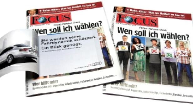 Zwei Ausgaben des Magazins „Focus“ mit der Frage „Wen soll ich wählen?“.