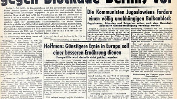 Titelseite des „Wiener Kurier“ vom 1. Juli 1948 mit der Schlagzeile zur Berliner Blockade.