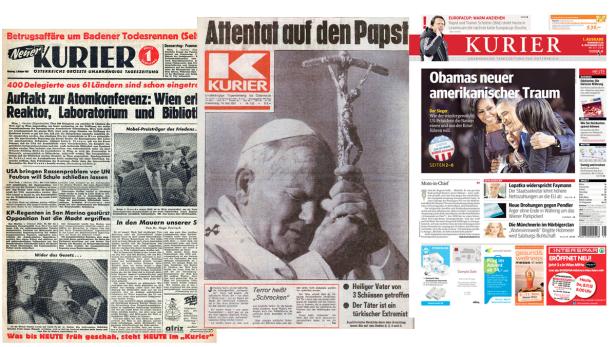 Eine Collage von Titelseiten der österreichischen Zeitung „Kurier“ aus verschiedenen Jahren.