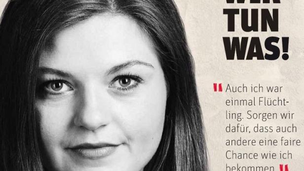 Porträt einer Frau vor dem Hintergrund eines Textes zum Thema Flüchtlinge.