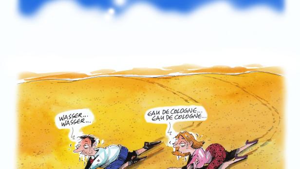 Ein Mann und eine Frau kriechen durstig in der Wüste; Karikatur zum Thema Gender.