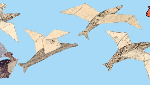 Eine Collage mit einem Mädchen in einem Papierboot und Papierflugzeugen vor hellblauem Hintergrund.