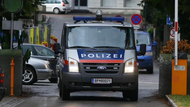 Ein silberner Ford Transit der österreichischen Polizei steht auf einer Straße.