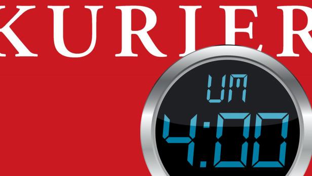 Das Logo der Zeitung „Kurier“ mit einer Digitaluhr, die 4 Uhr anzeigt.