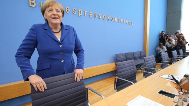 Angela Merke bei der diesjährigen Sommer-Pressekonferenz in Berlin.