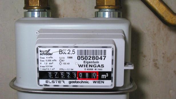 Ein Gaszähler der Firma Elster mit der Aufschrift „WIENGAS“ zeigt einen Zählerstand von 07523,080 m³.