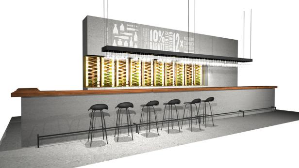 Die Filiale in der Jasomirgottstraße soll im Oktober 2016 auf doppelter so großer Fläche neueröffnen. Gleich im Eingangsbereich steht die Bar.