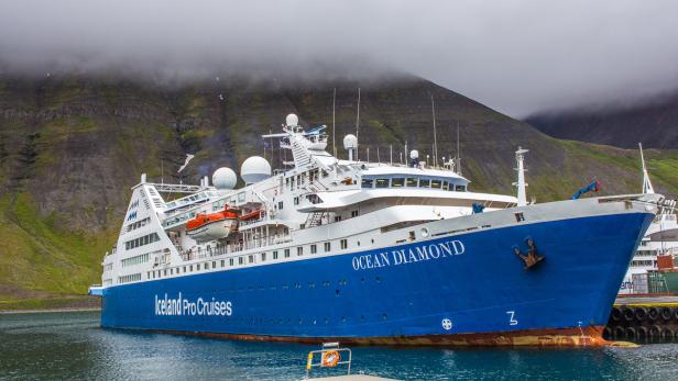 Das Kreuzfahrtschiff „Ocean Diamond“ liegt vor einer bewaldeten Hügellandschaft im Hafen.