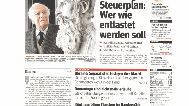 Titelseite der Zeitung „Kurier“ vom 5. November 2014 mit verschiedenen Artikeln.
