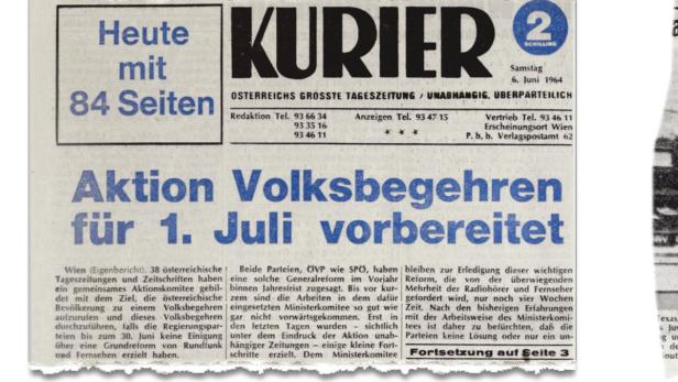 Titelseite des „Kurier“ vom 6. Juni 1964 mit der Ankündigung einer „Aktion Volksbegehren für 1. Juli vorbereitet“.