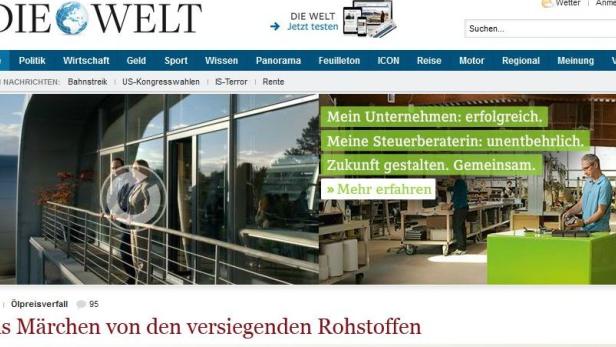 Eine Werbeanzeige auf der Webseite der „Die Welt“ zeigt eine moderne Büroszene.