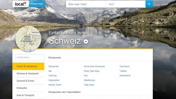 Die Webseite local.ch mit Suchfunktion vor einem Hintergrund der Schweizer Alpen.